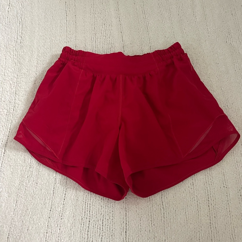 red lulu lemon hotty hot shorts; four inch; low rise